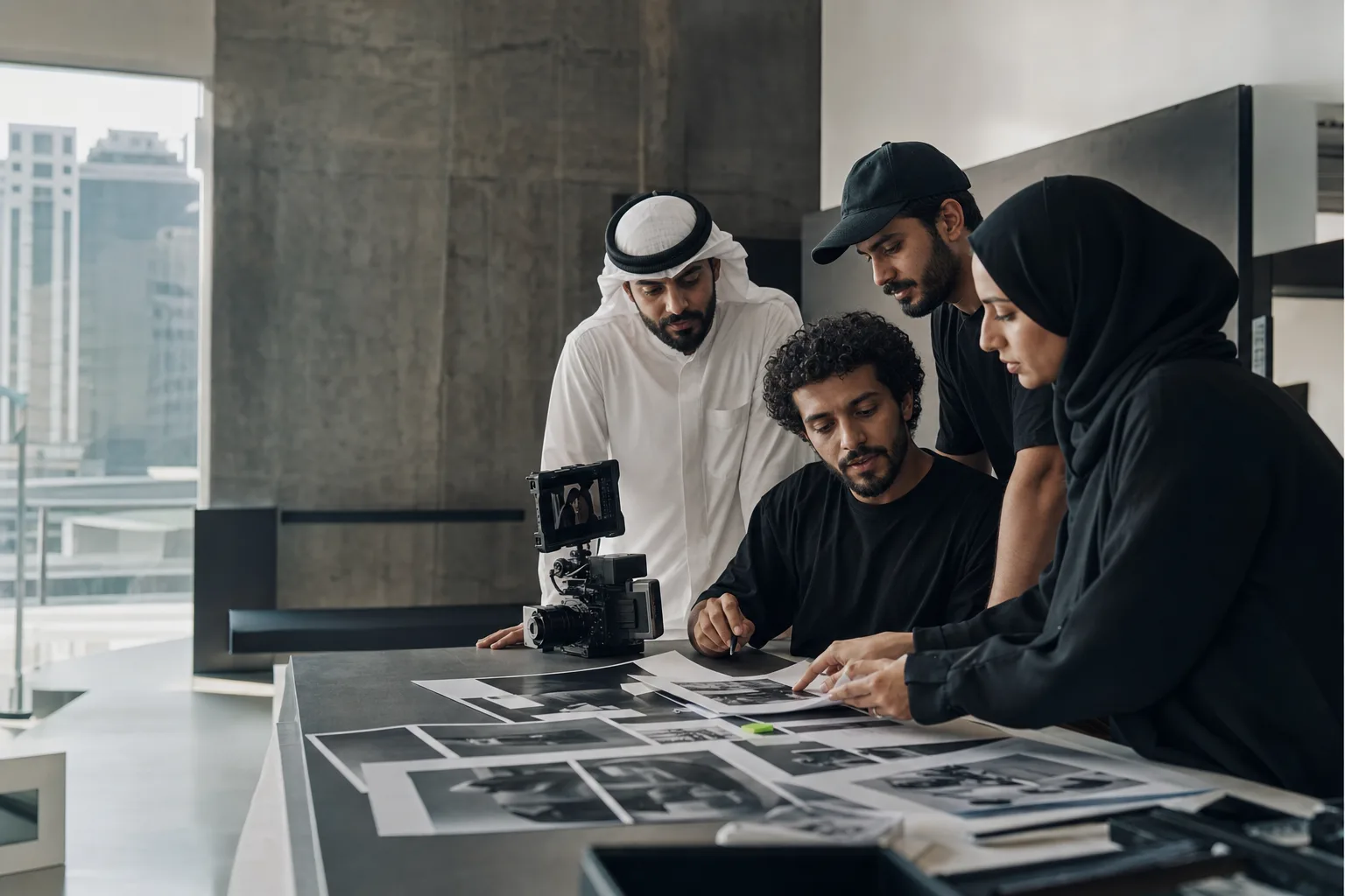 A creative team reviewing campaign photography in a Dubai studio